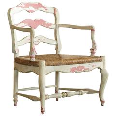 Antique 19th Century Provençale Painted Ladder Back Armchair with Rush Seat