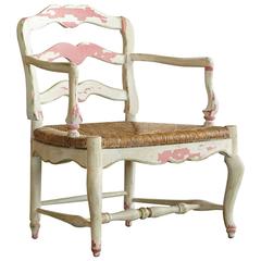 19th Century Provençale Painted Ladder Back Armchair with Rush Seat Antique 19th Century Provençale Painted Ladder Back Armchair with Rush Seat
