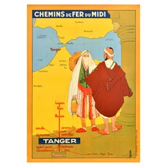 Affiche vintage originale de voyage en train Tanger Maroc Chemins De Fer Du Midi