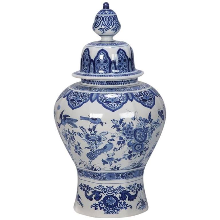 Large Blue and White Chinese Style Dutch Vase with Lid at 1stdibs