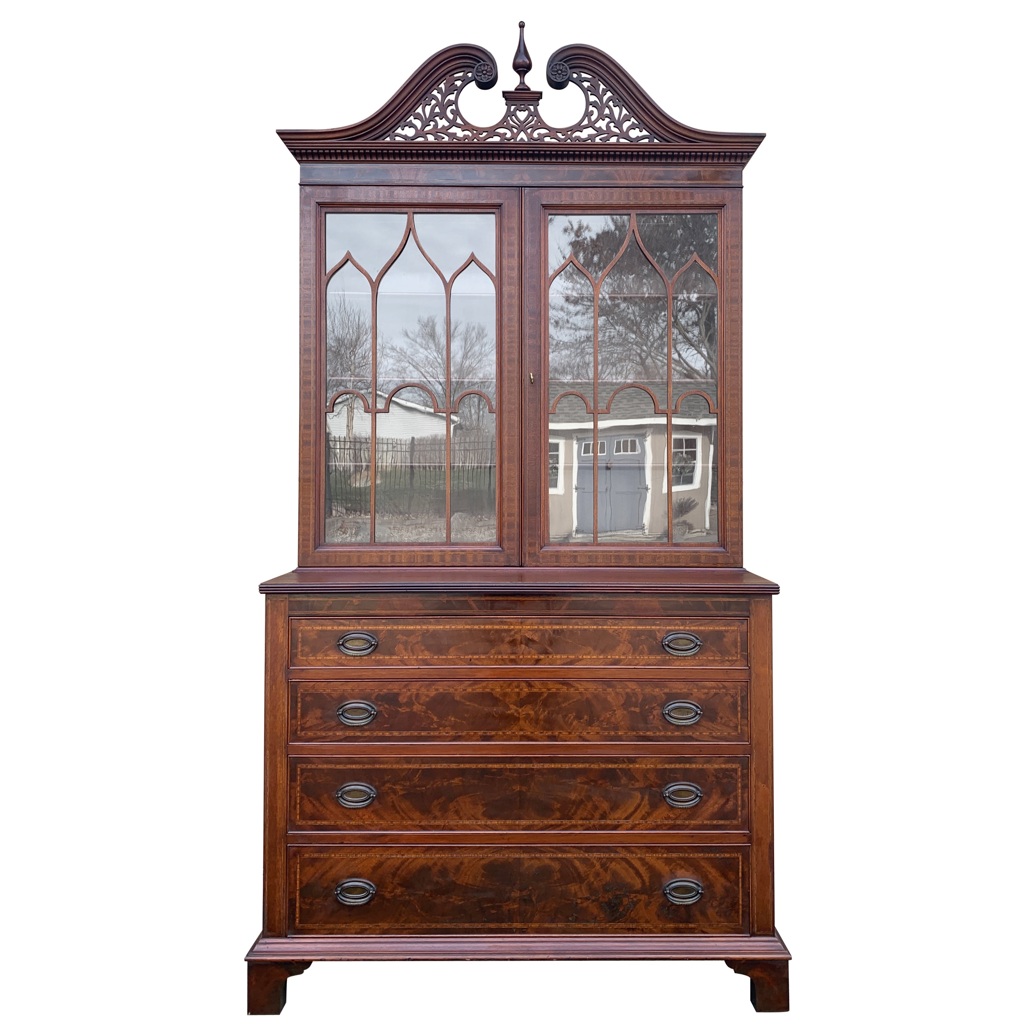 Antique Georgian Satinwood Banded Carved Mahogany Breakfront Bookcase Cabinet