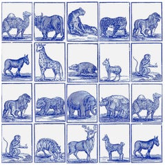 Carta da parati grafica blu e bianca ispirata agli animali: Serraglio
