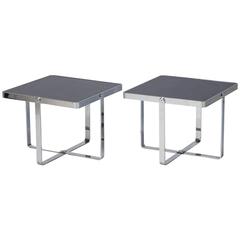 Pair of Mid-Century Wood Top Tables with Open X-Form Flat Bar Chrome Base