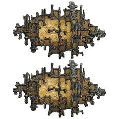 Pair of Amber Mid-Century Brutalist Style Wall Sconces