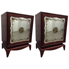 Pair of Mahogany Grosfeld House Cabinets with Etched Mirrored Panels 1