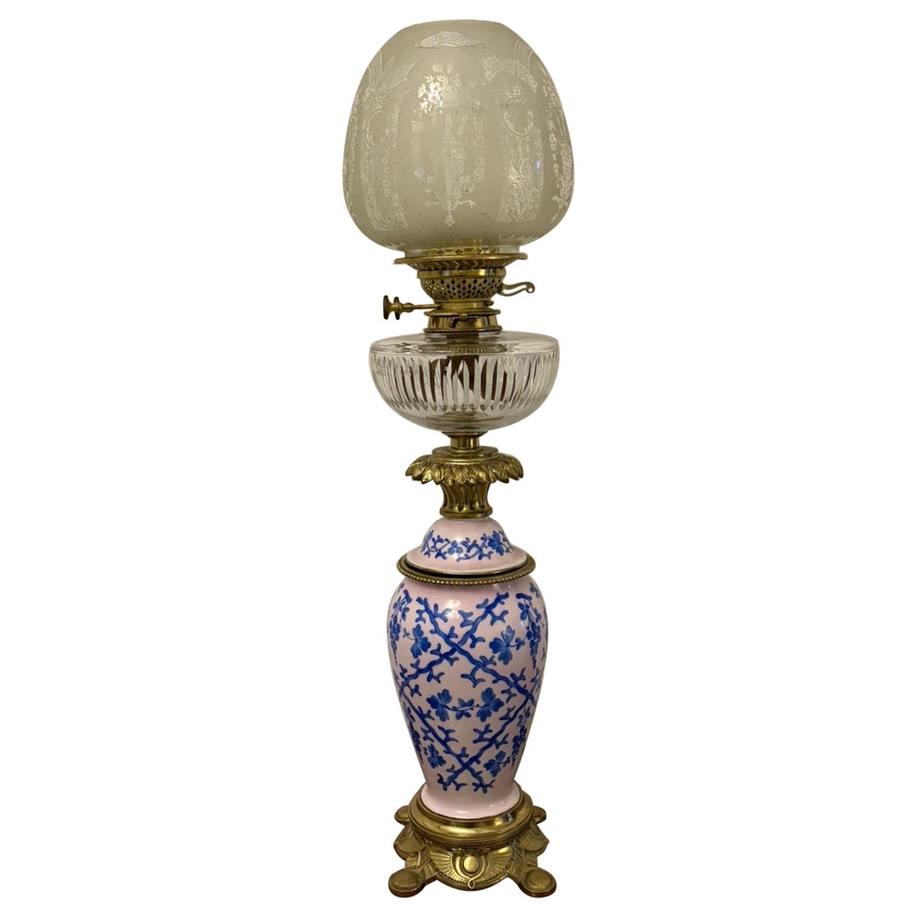 Grande lampe à huile ancienne en porcelaine victorienne d'une qualité exceptionnelle et inhabituelle