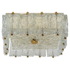 Large Flush Mount Ceiling Light by Barovier and Toso, Iceglass and Brass, 1960s