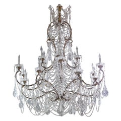 Unique Italian Wood Gilded Iron Beaded Crystal Chandelier w/ 18 Lights