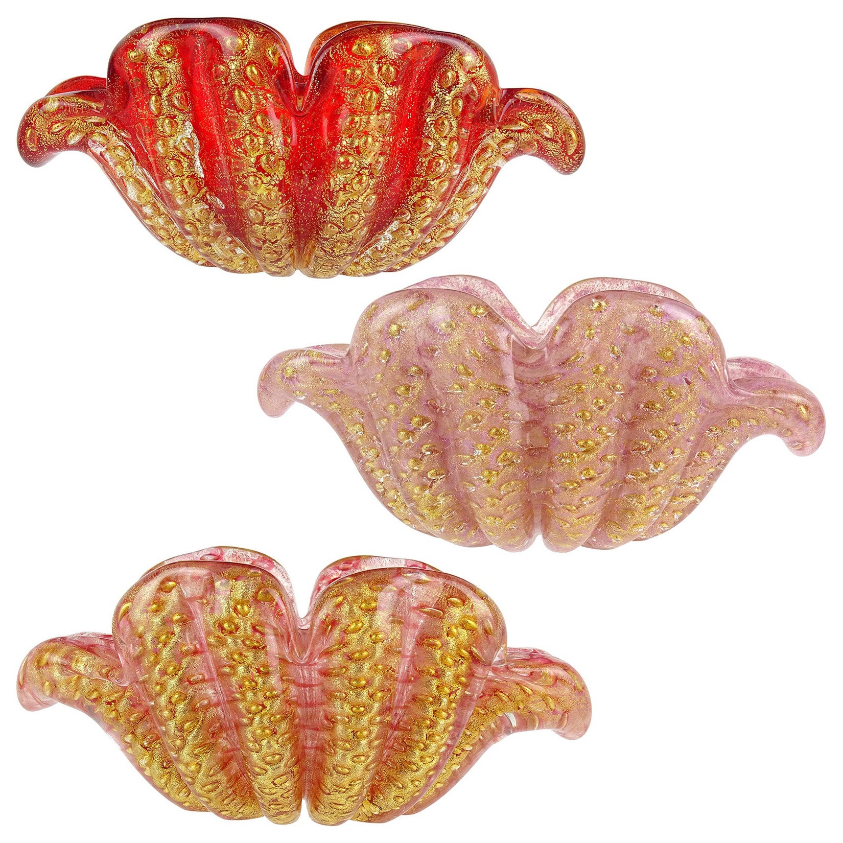 Barovier Toso Murano Red Pink Gold Flecks Italian Art Glass Flower Form Bowls For Sale
