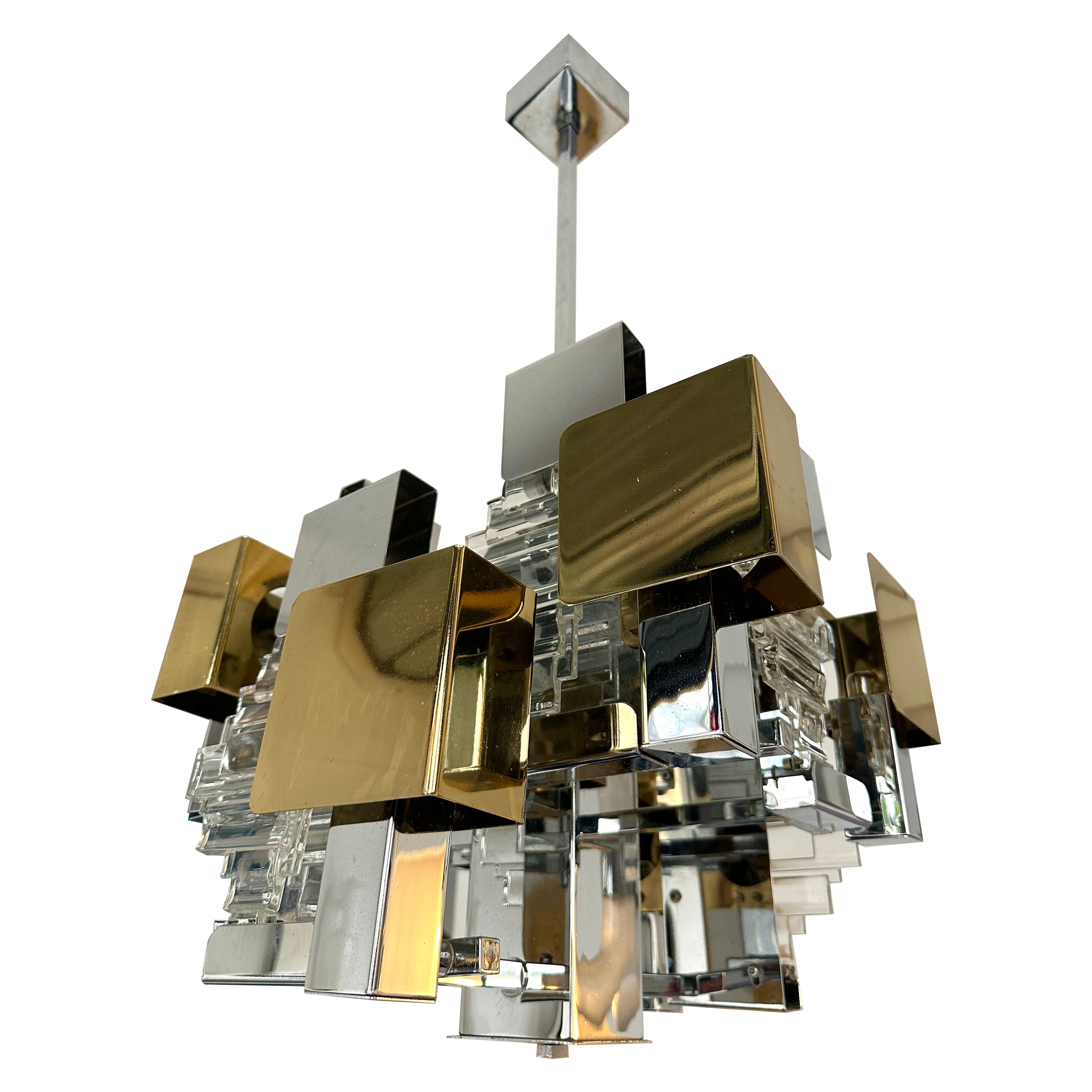 Chandelier Chrome Brass Glass by Sciolari for Stilkronen. Germany, 1970s