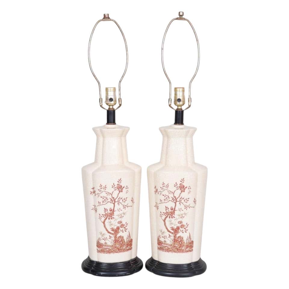 Pair Ebonized Wood Chinoiserie Decorated Lamps For Sale at 1stDibs