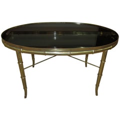 Italian Gold Brass Bamboo Cocktail Table with Black Mirror Glass Top
