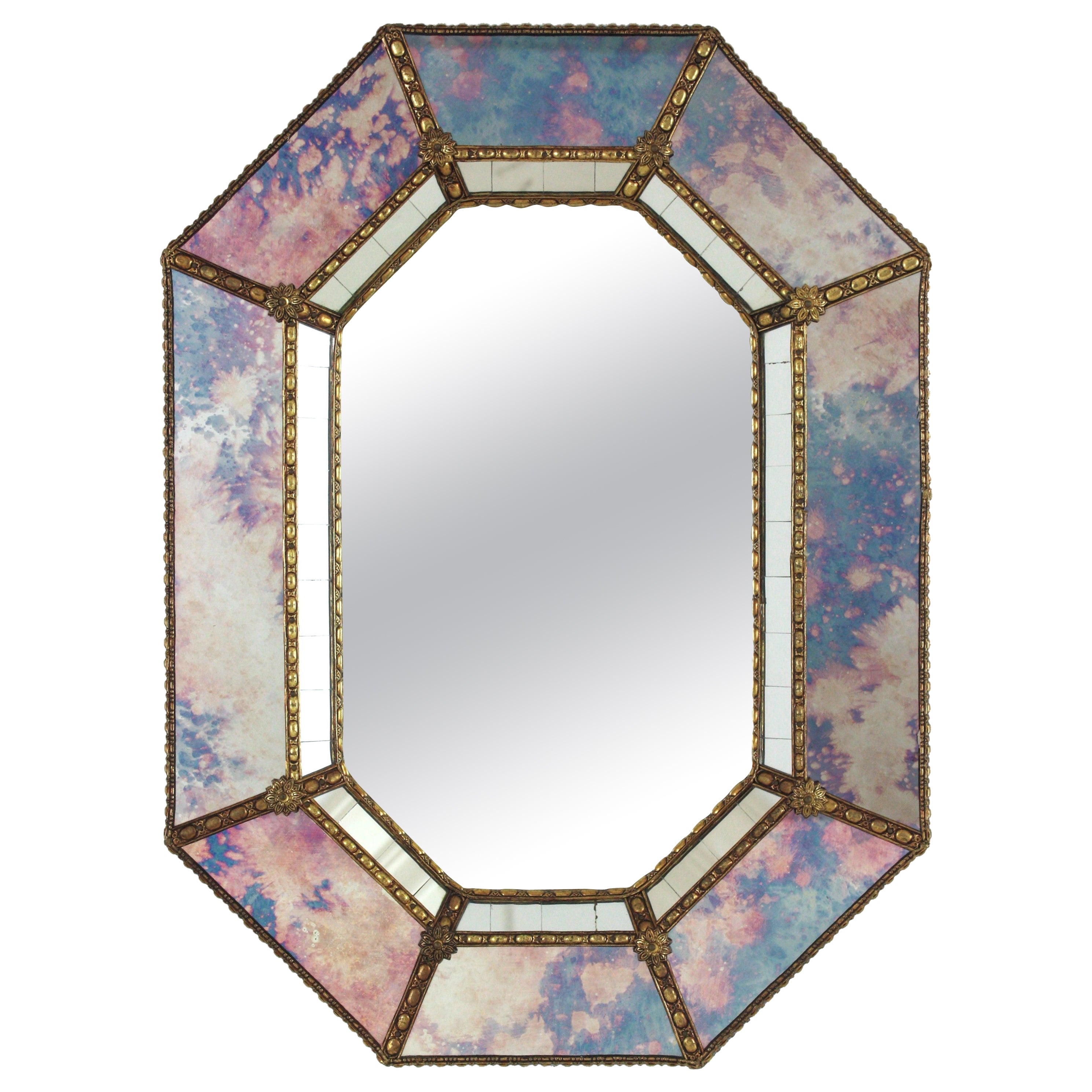 Venetian Modern Octagonal Small Wall Mirror with Pink Purple Glass and Brass For Sale