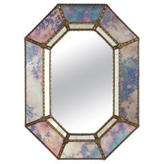 Venetian Modern Octagonal Small Wall Mirror with Pink Purple Glass and Brass
