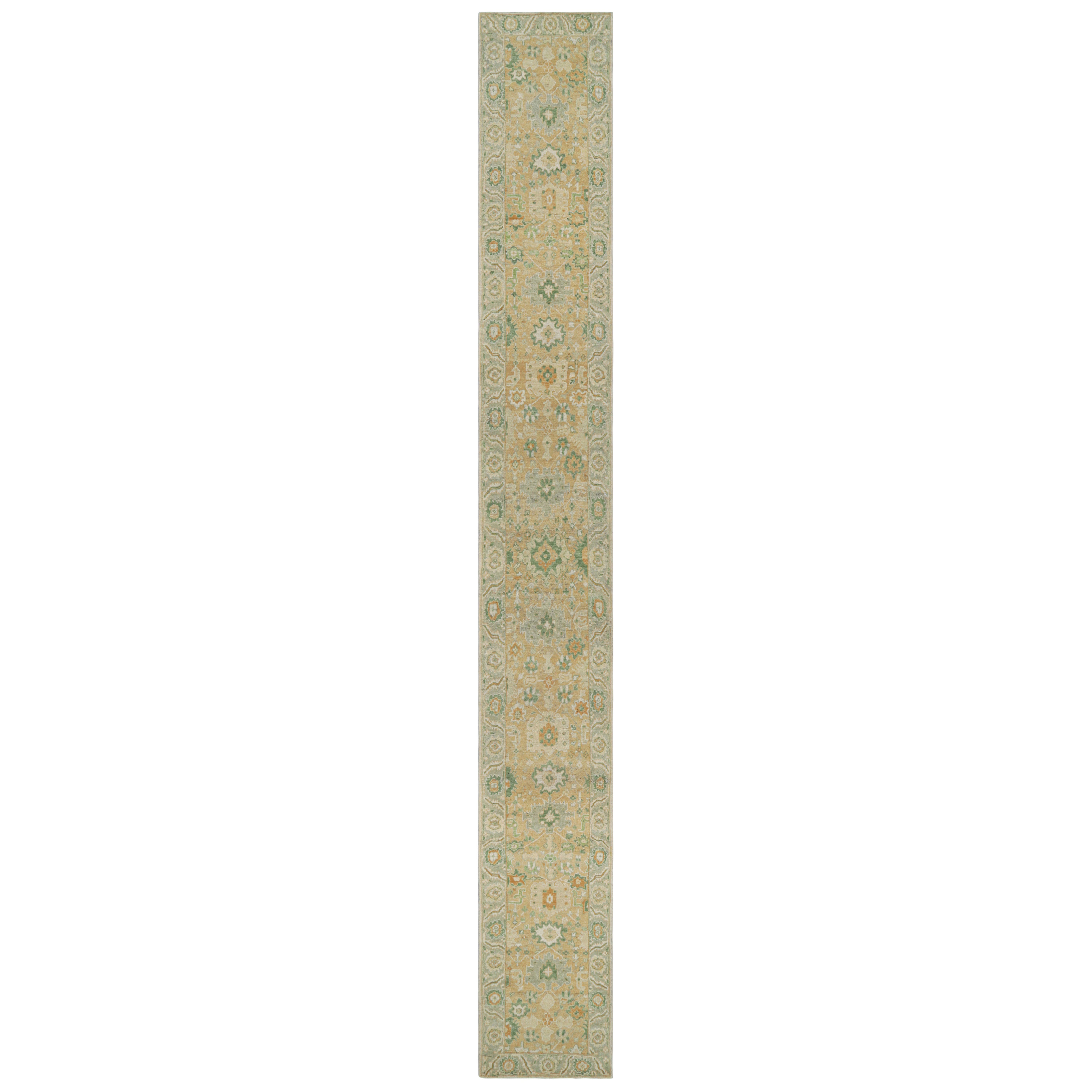 Rug & Kilim’s Modern Oushak Style Extra-Long Runner in Brown, Green with Florals