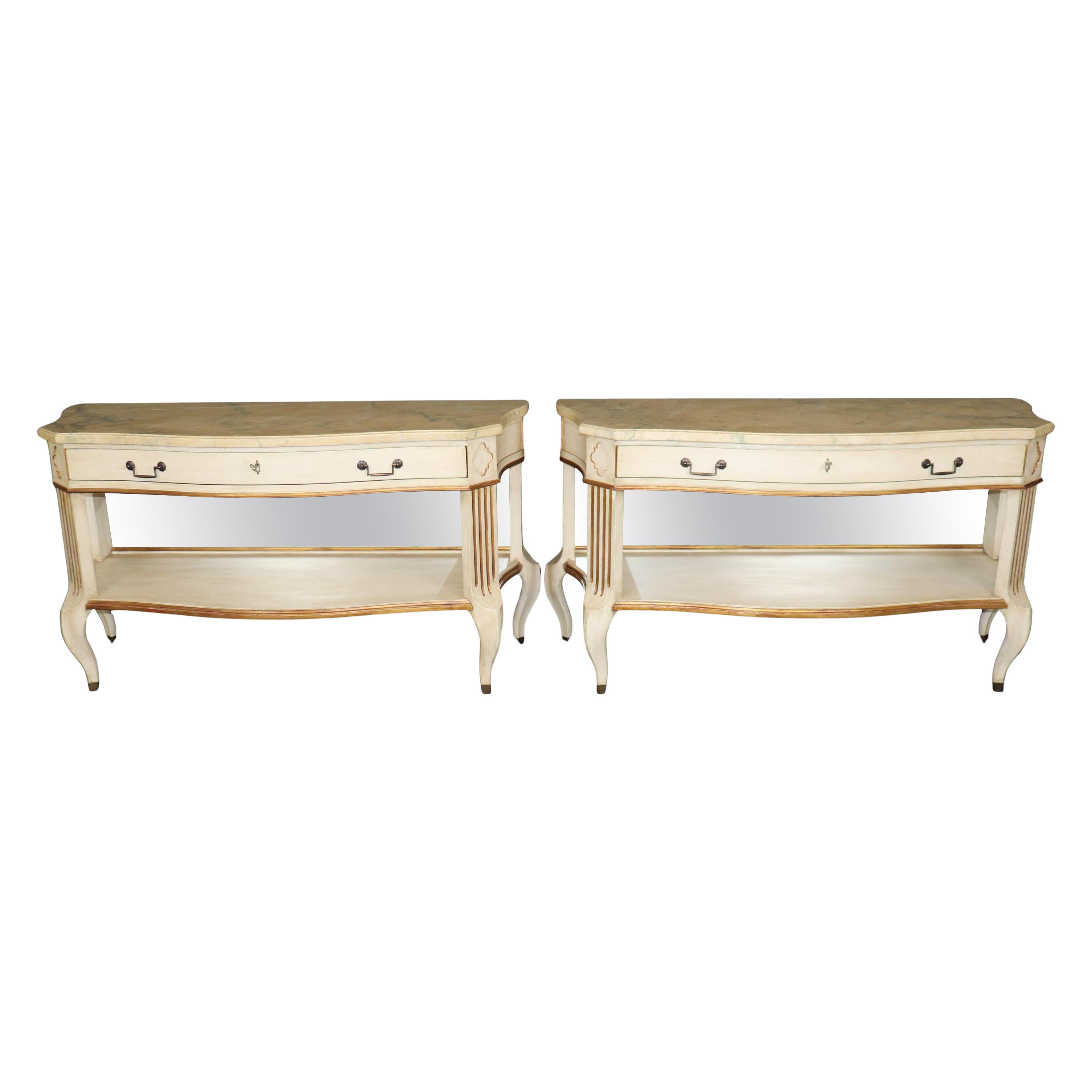 Rare Pair Faux Painted Marble Top French regency Style Mirrored Console Tables