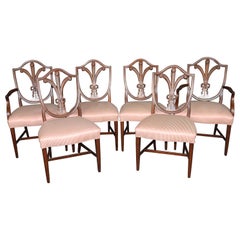 Superbe ensemble de 6 chaises de salle à manger en acajou Wales and Wales à dossier bouclier et panache