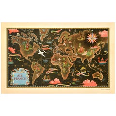 Original Vintage Travel Route Poster Air France Planisphere Karte Lucien Boucher