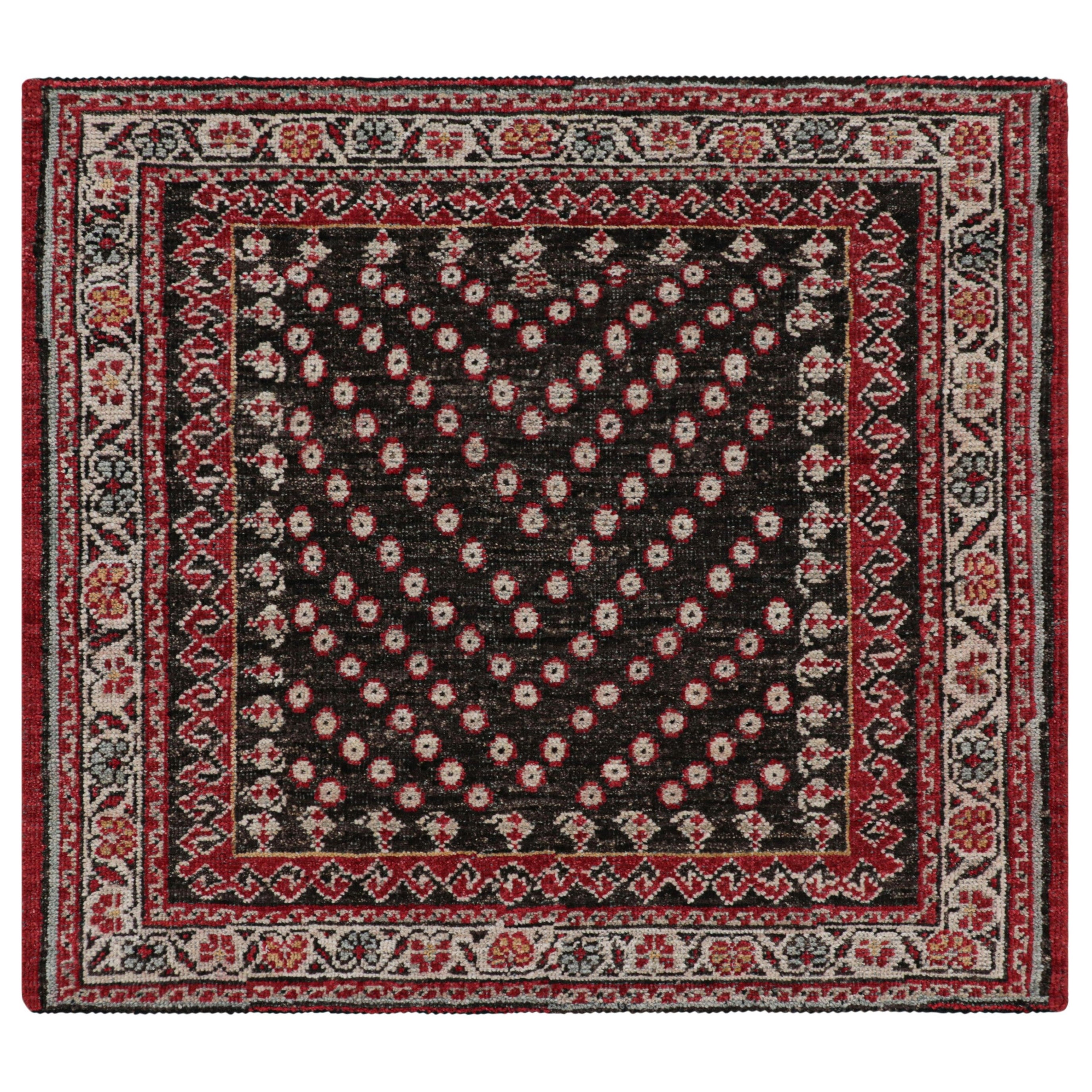 Rug & Kilim’s Tribal Style Square Rug in Brown and Red with Floral Patterns