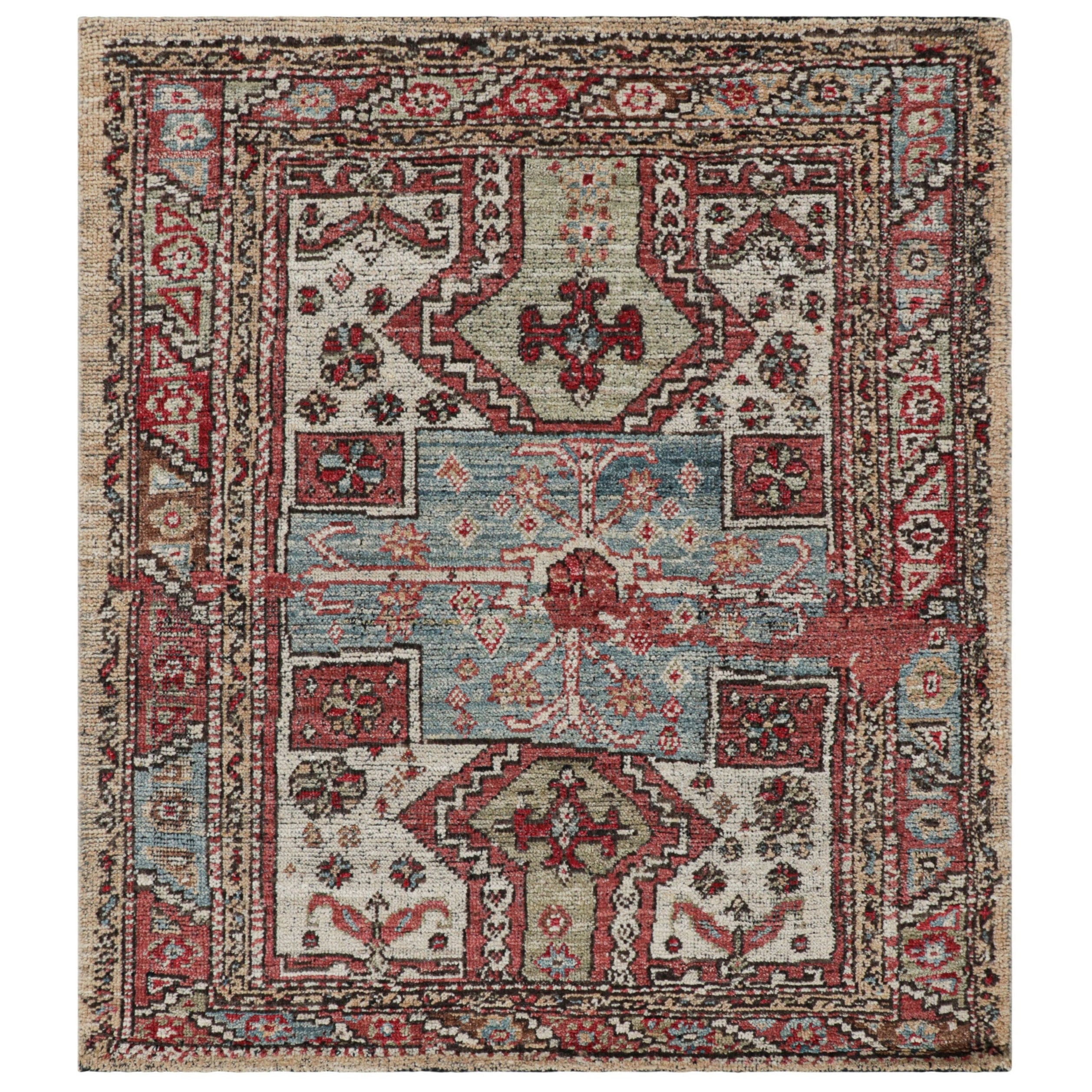 Alfombra cuadrada estilo kazajo de Rug & Kilim con motivos geométricos policromáticos