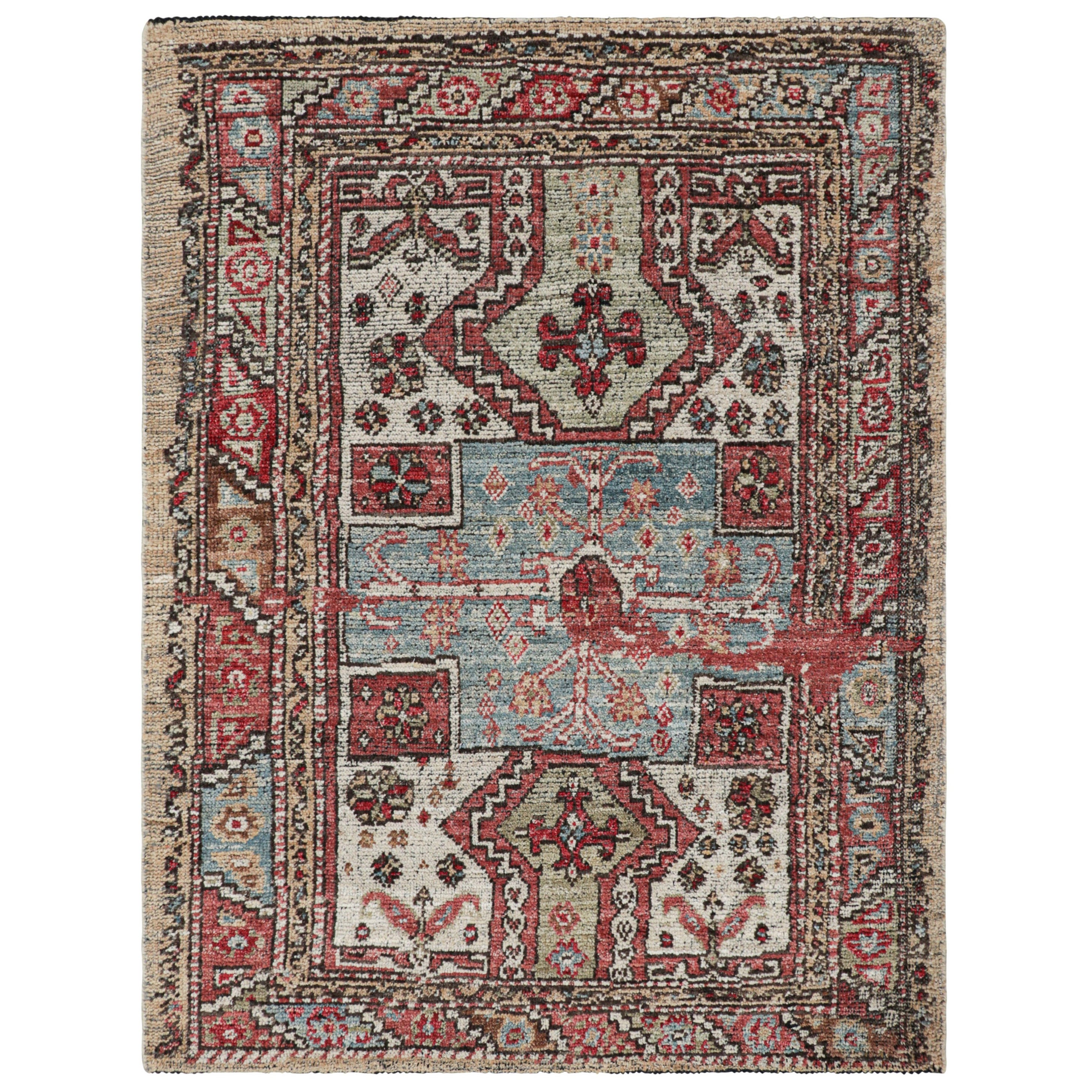 Alfombra cuadrada de estilo kazajo de Rug & Kilim con motivos geométricos policromáticos en venta