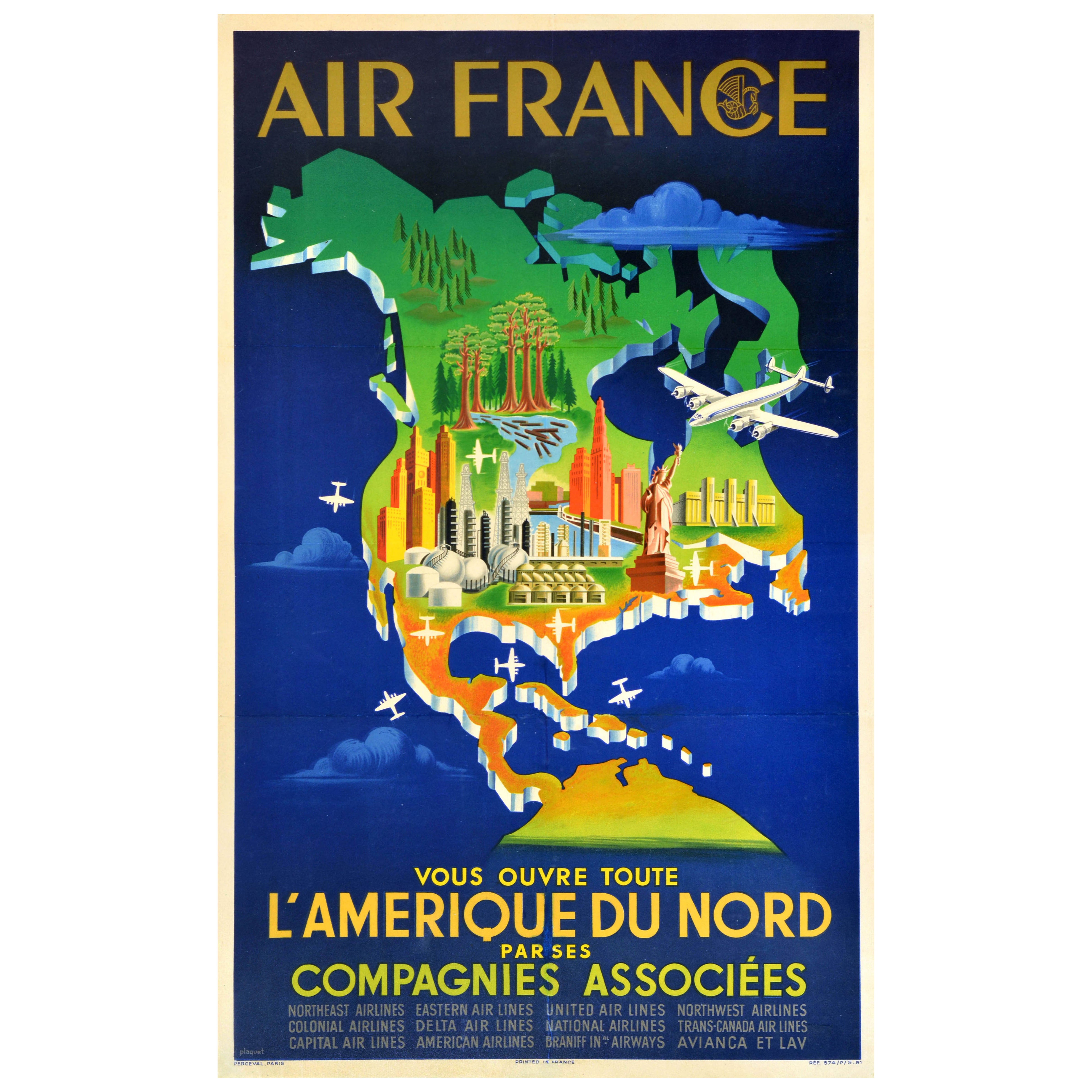 Poster di viaggio originale d'epoca Air France Mappa Pittorica Nord America Plaquet