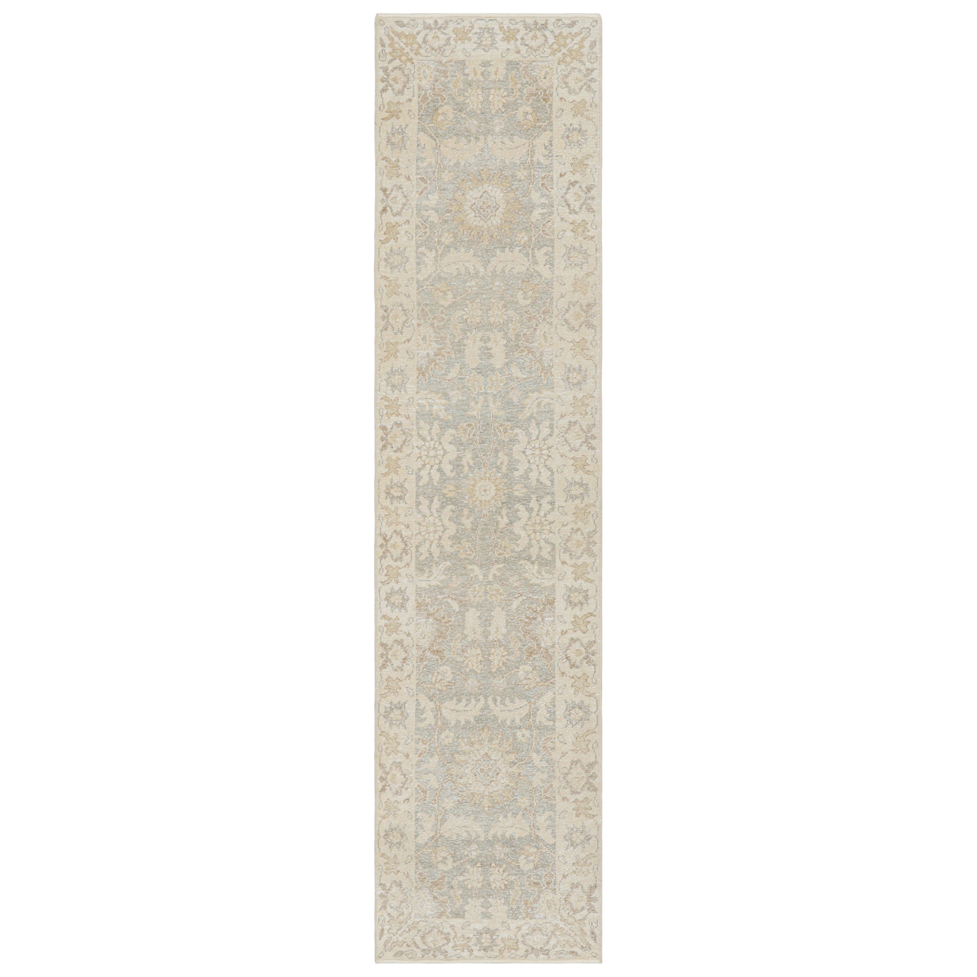 Rug & Kilim’s Oushak Style Runner Rug in Gray with Cream White Floral Patterns