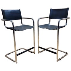 Vintage Mid Century Modern Mart Stam Style Chrome and Leather Barstools - Pair