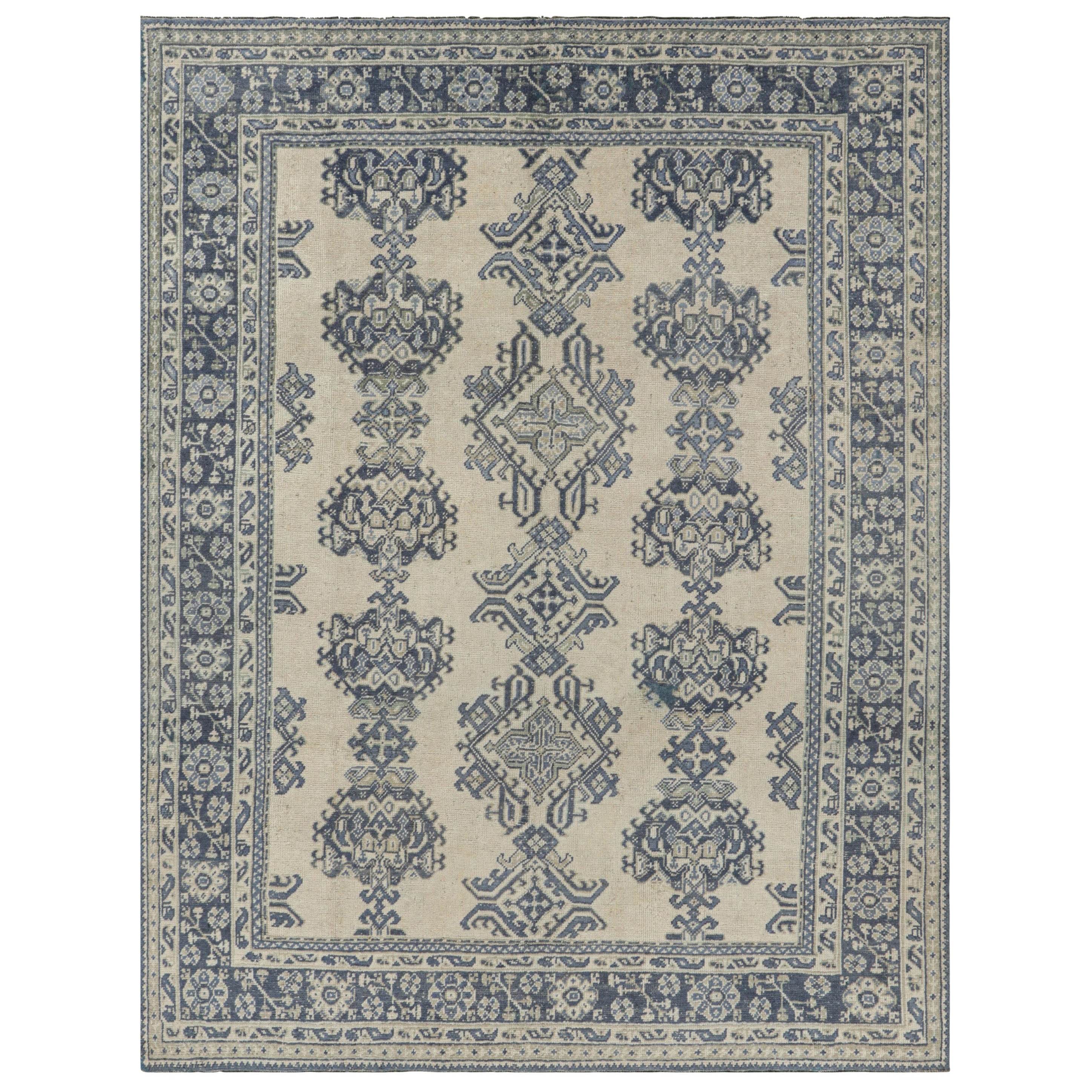 Vintage Oushak Rug in Cream and Blue with Geometric Patterns  Rug & Kilim