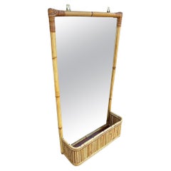 Restored Mid-century Stacked Rattan & Wicker Wall Mirror with Shelf/Planter