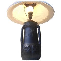 Antique Lauritz Hjorth Black Terracotta 'Night' Table Lamp with Owls and Bats circa 1900