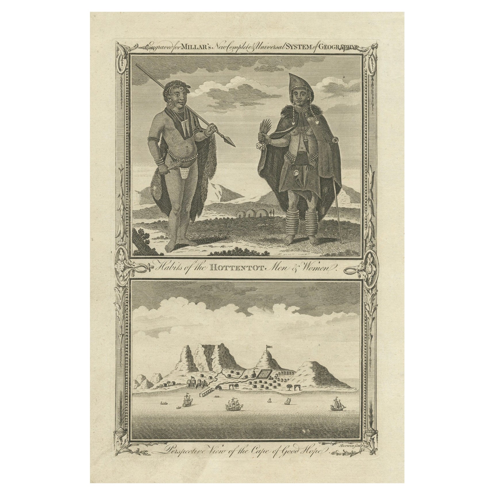 18th-Century Engraving of Hottentots and Cape of Good Hope in South-Africa