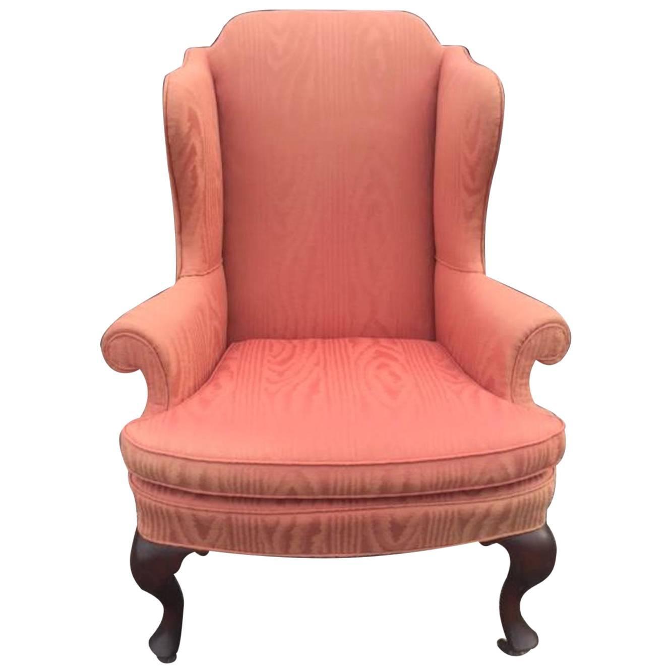 Queen Anne Style Wing Chair Upholstered in Moire, 1935 For ...
