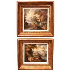 Beautiful Pair of Antique Art Oil Paintings of Italian Landscape Scenes