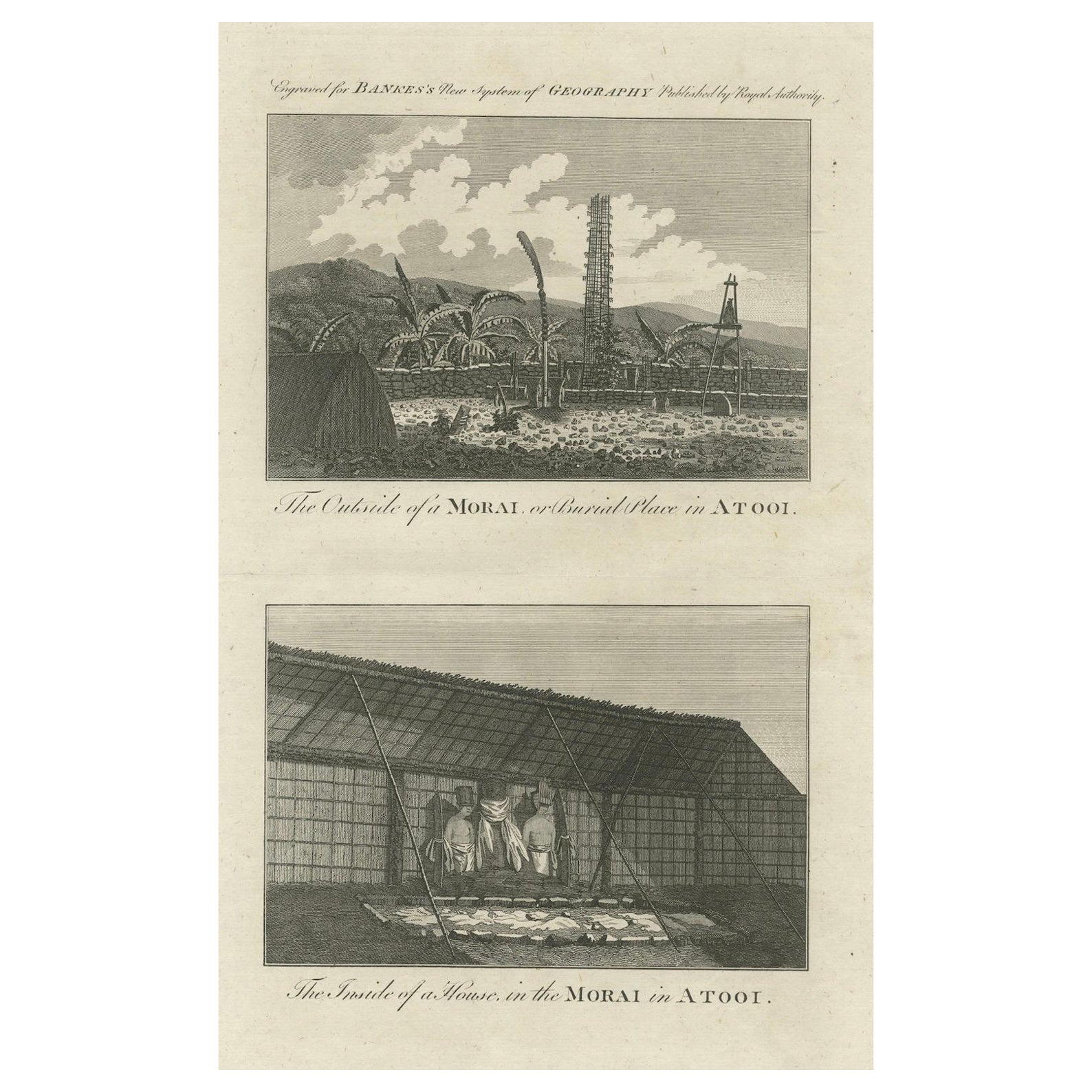 18th-Century Engraving of Hawaiian Morai and House Interior, c. 1780s