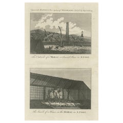 Grabado del siglo XVIII sobre un morai hawaiano y el interior de una casa, c. 1780