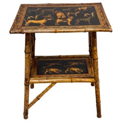 Antique English Bamboo Side Table with New Artisian Decoupage Dog Motif