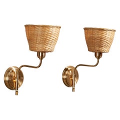 Schwedische Designerin, Wandleuchten, Messing, Rattan, Schweden, 1970er Jahre