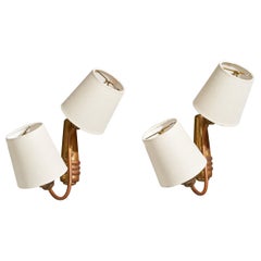 Italian Designer, Wall Lights, Brass, Fabric, Italy, 1940s