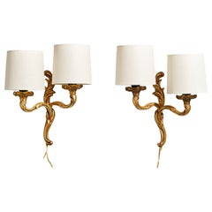 French Designer, Wall Lights, Brass, Fabric, France, 1950s