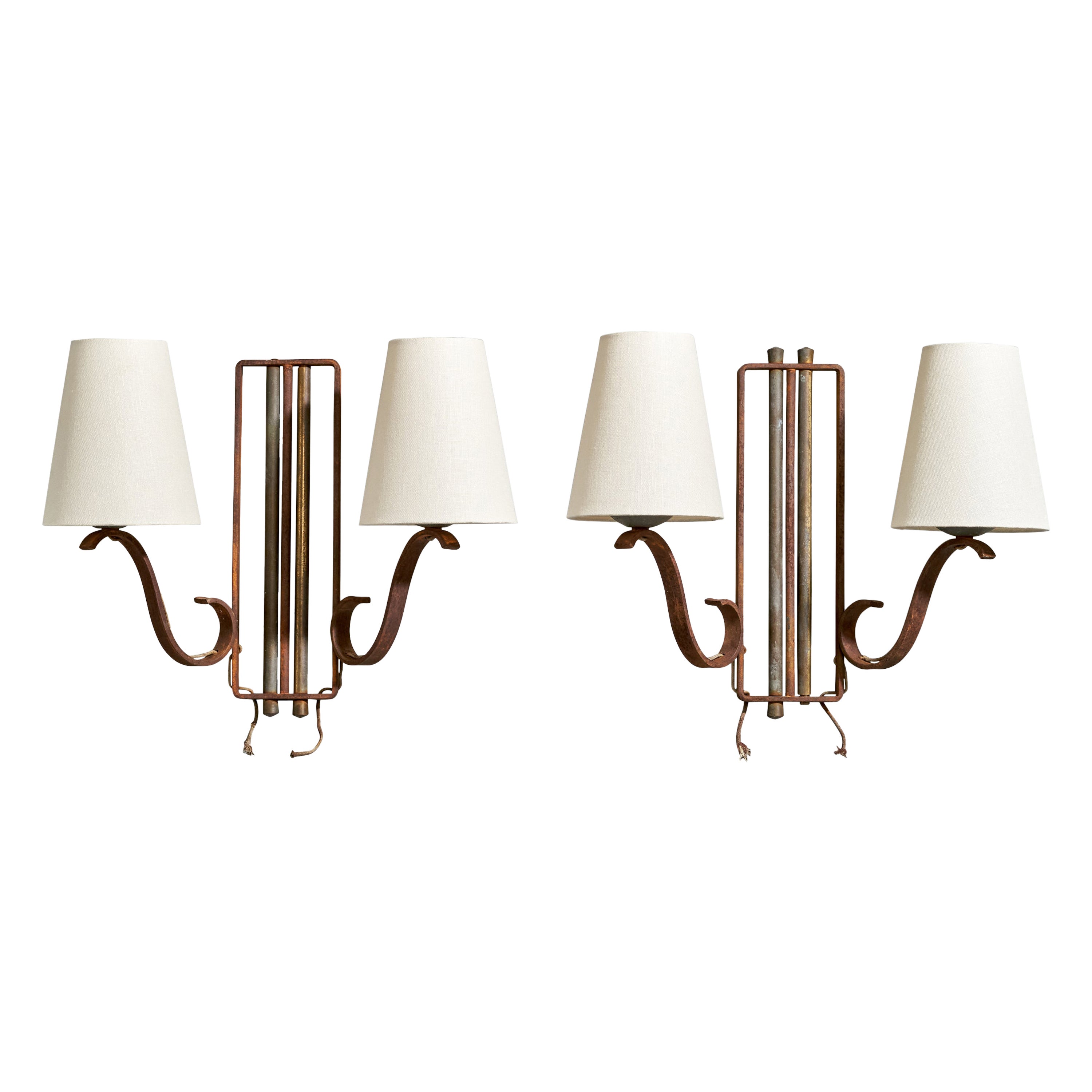 French Designer, Wall Lights, Brass, Metal, Fabric, France, 1940s