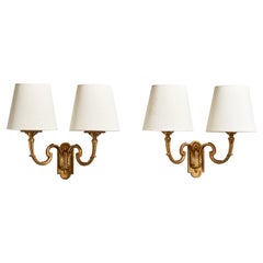 Französischer Designer, Wall Lights, Messing, Stoff, Frankreich, 1950er Jahre