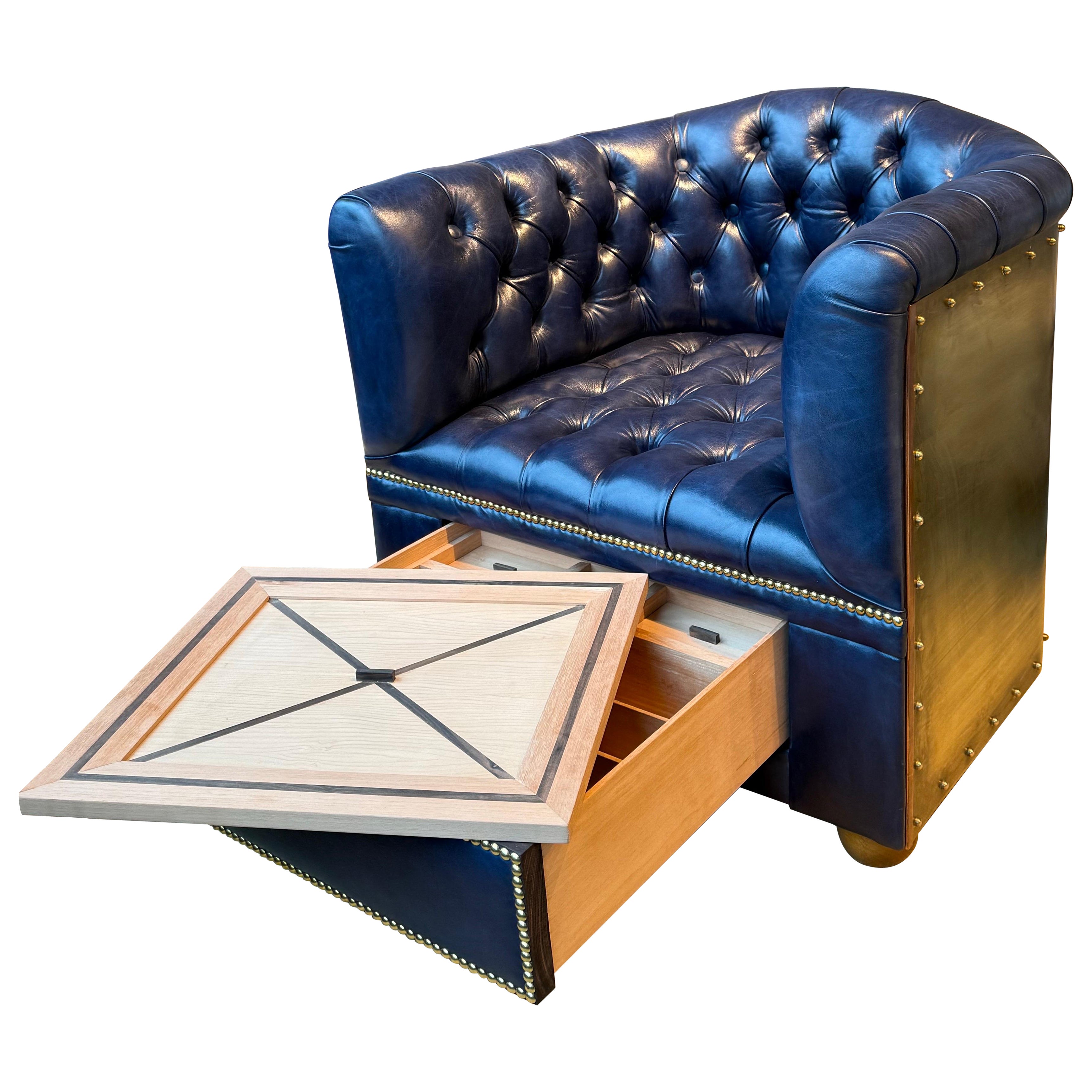 Flying Wing Aviator Chair, Hand Dyed Deep Ocean Leather, Solid Brass & Humidor For Sale