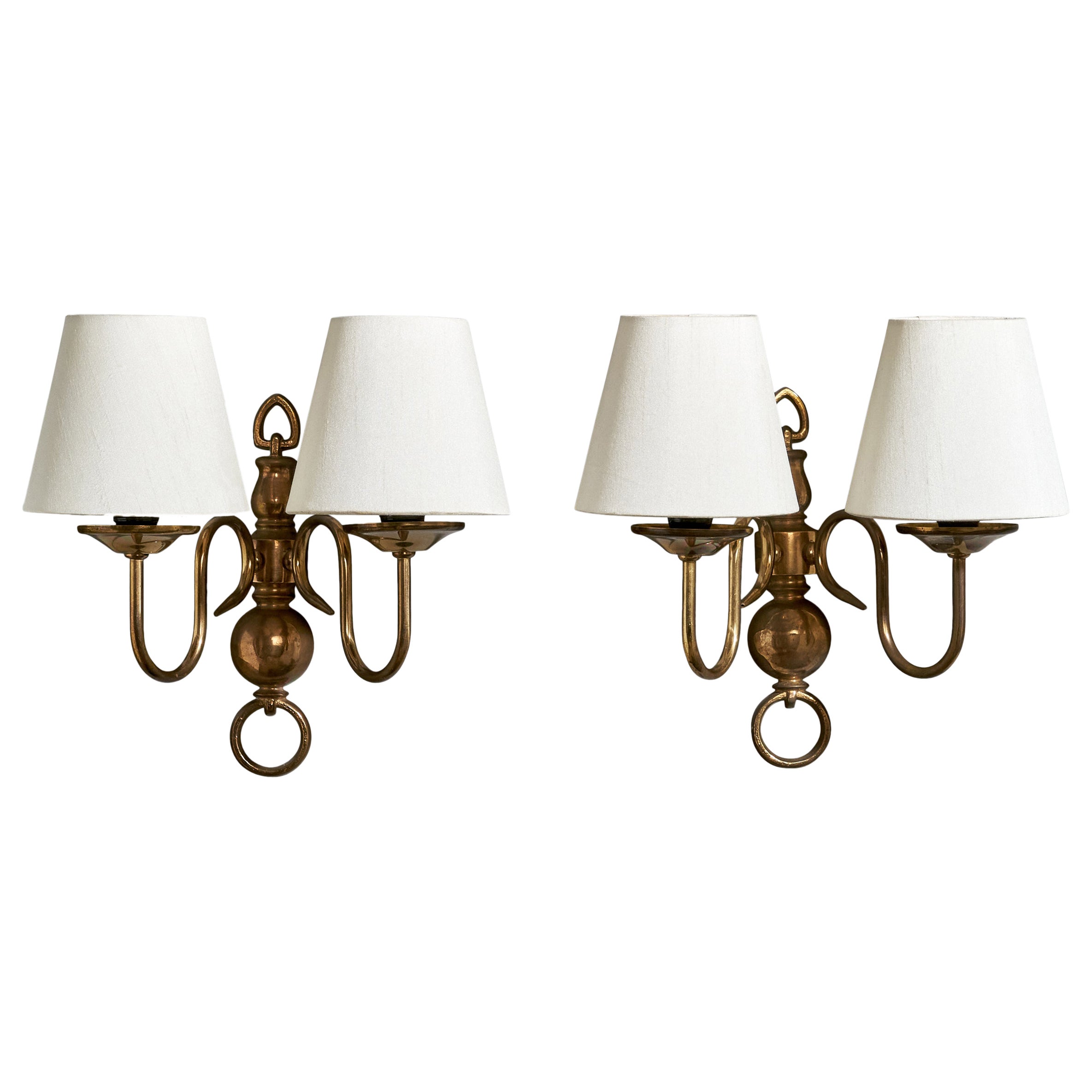 French Designer, Wall Lights, Brass, Fabric, France, 1950s