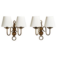 Französischer Designer, Wall Lights, Messing, Stoff, Frankreich, 1950er Jahre