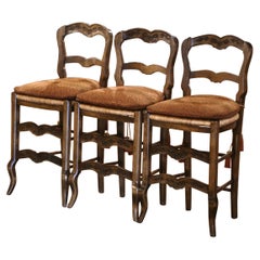 Vintage Country French Carved Walnut Ladder Back Counter Stools, Set of 3