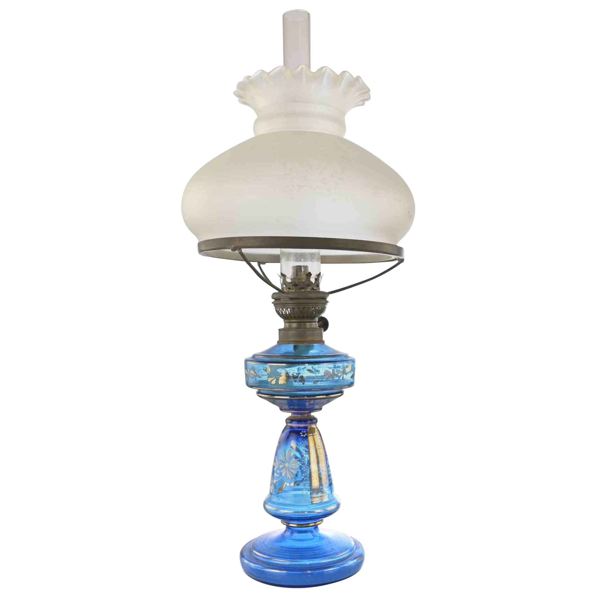 Antique Blue Glass Kerosene Lamp, Early 20th Century
