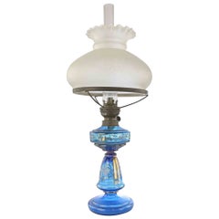 Antique Blue Glass Kerosene Lamp, Early 20th Century