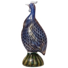 Seguso Murano 1950s Blue Gold Flecks Italian Art Glass Guinea Bird Sculpture