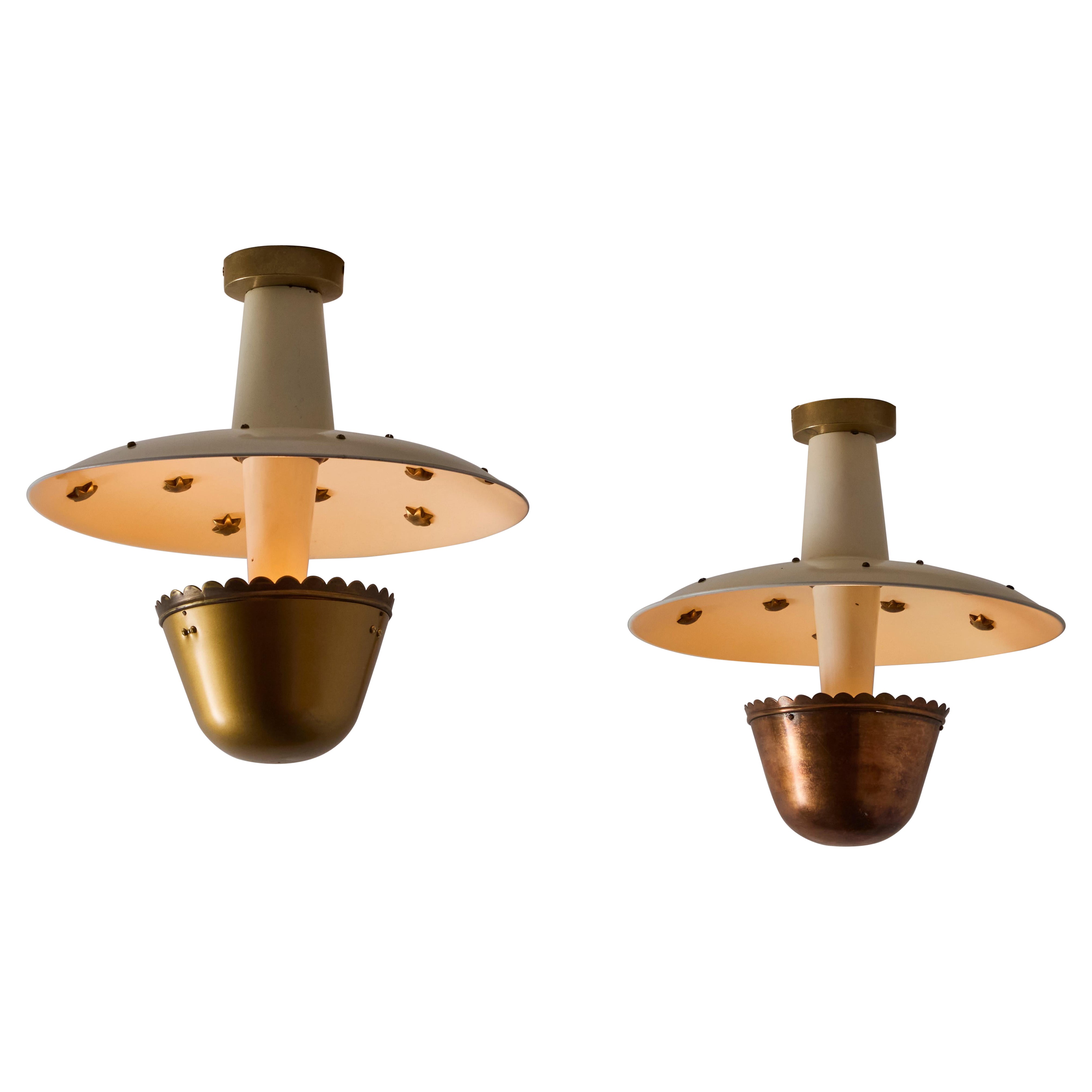 Single Custom Italian Ceiling Light. Designed and manufactured in Italy, circa the 1940s. Enameled dishe embedded with brass stars. Brass and copper finishes for the bottom scalloped cup reflectors. The light holds a single E27 socket-type, adapted